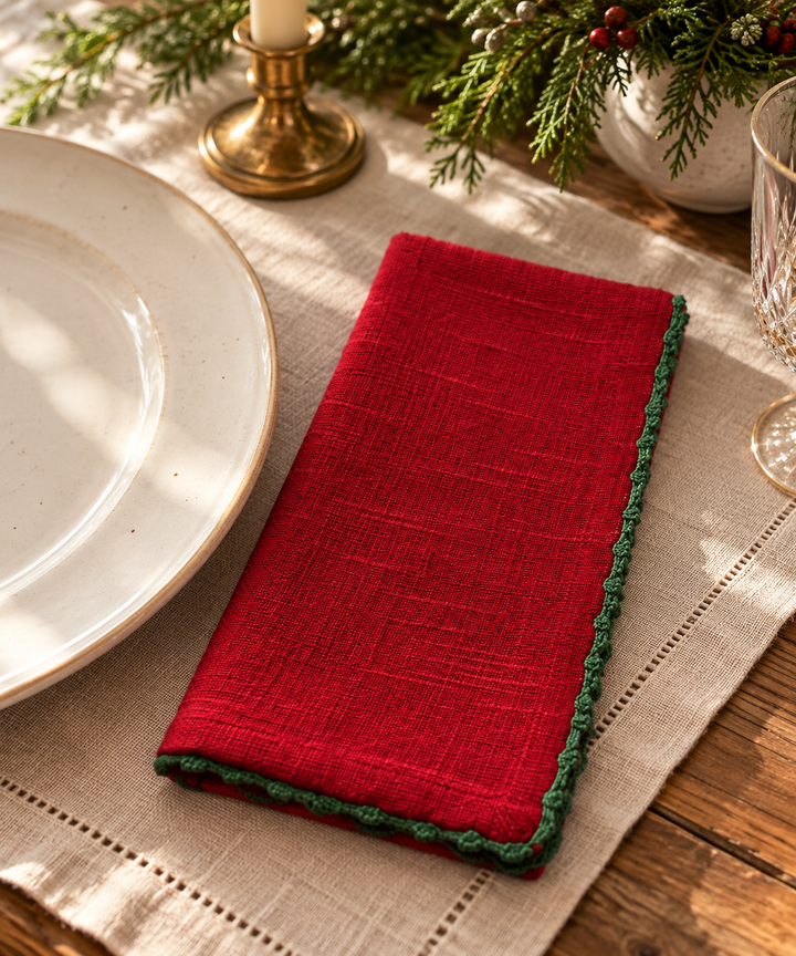 Knotted Edge Scarlet Red Cotton Napkin Green Trim