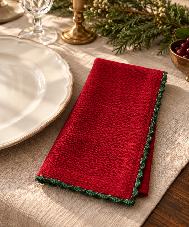 Knotted Edge Scarlet Red Cotton Napkin Green Trim