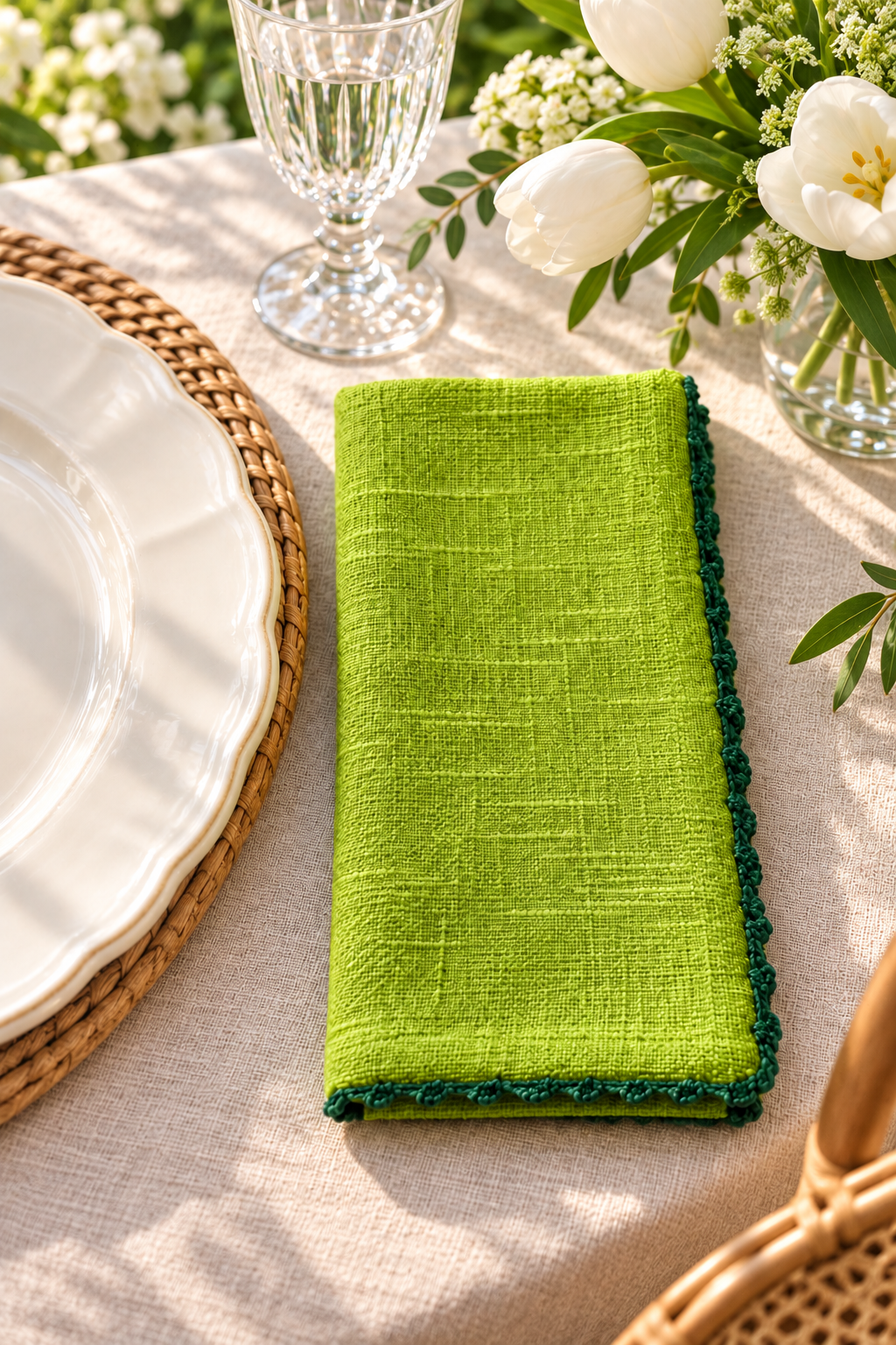 Knotted Edge Fern Cotton Napkin Green Trim