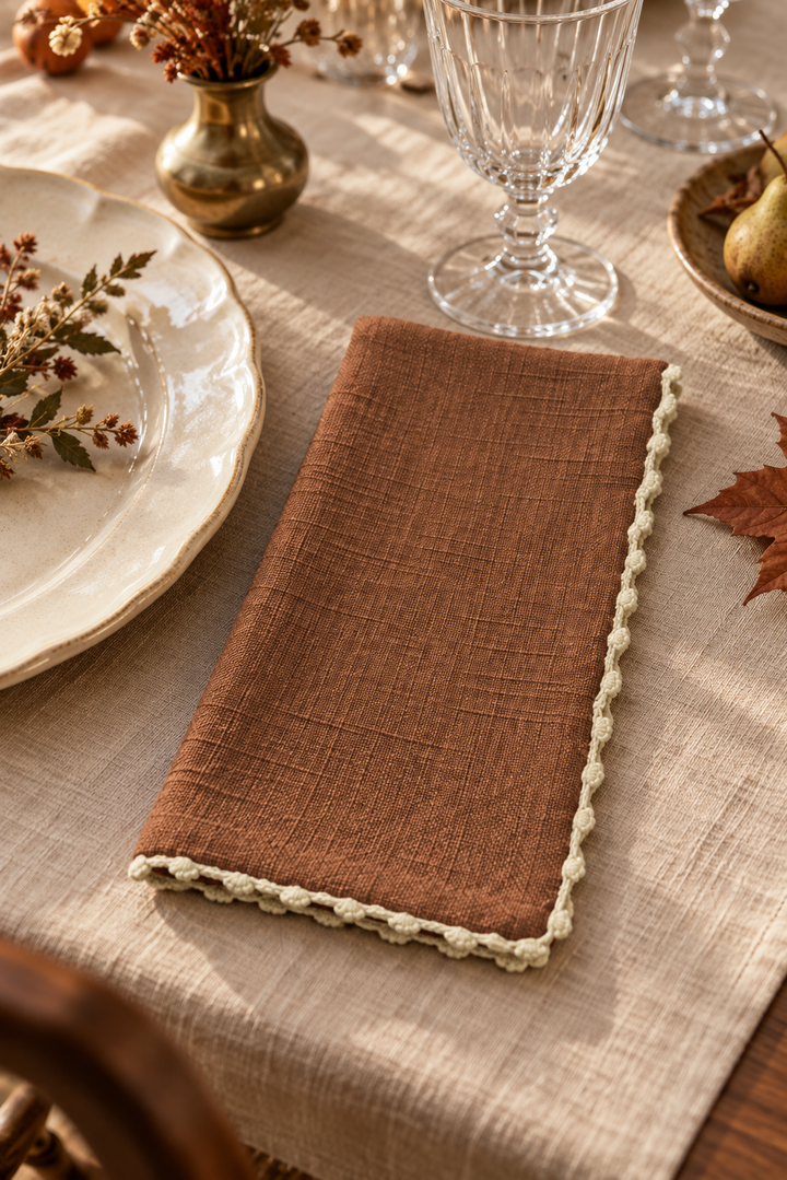 Knotted Edge Raw Umber Cotton Napkin Cream Trim