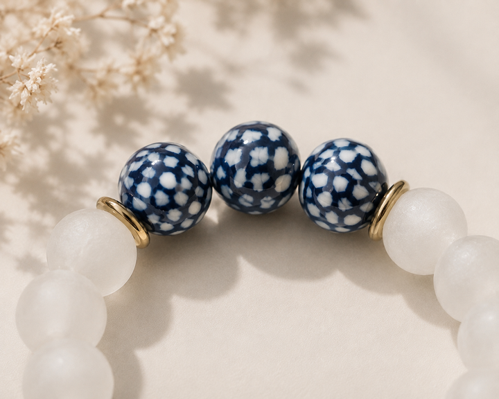 Recycled Glass & Chinoiserie Bead Stretch Bracelet Gold: 7”