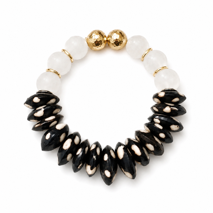 Recycled Glass & Black Polka Dot Bone Bead Stretch Bracelet: 7”