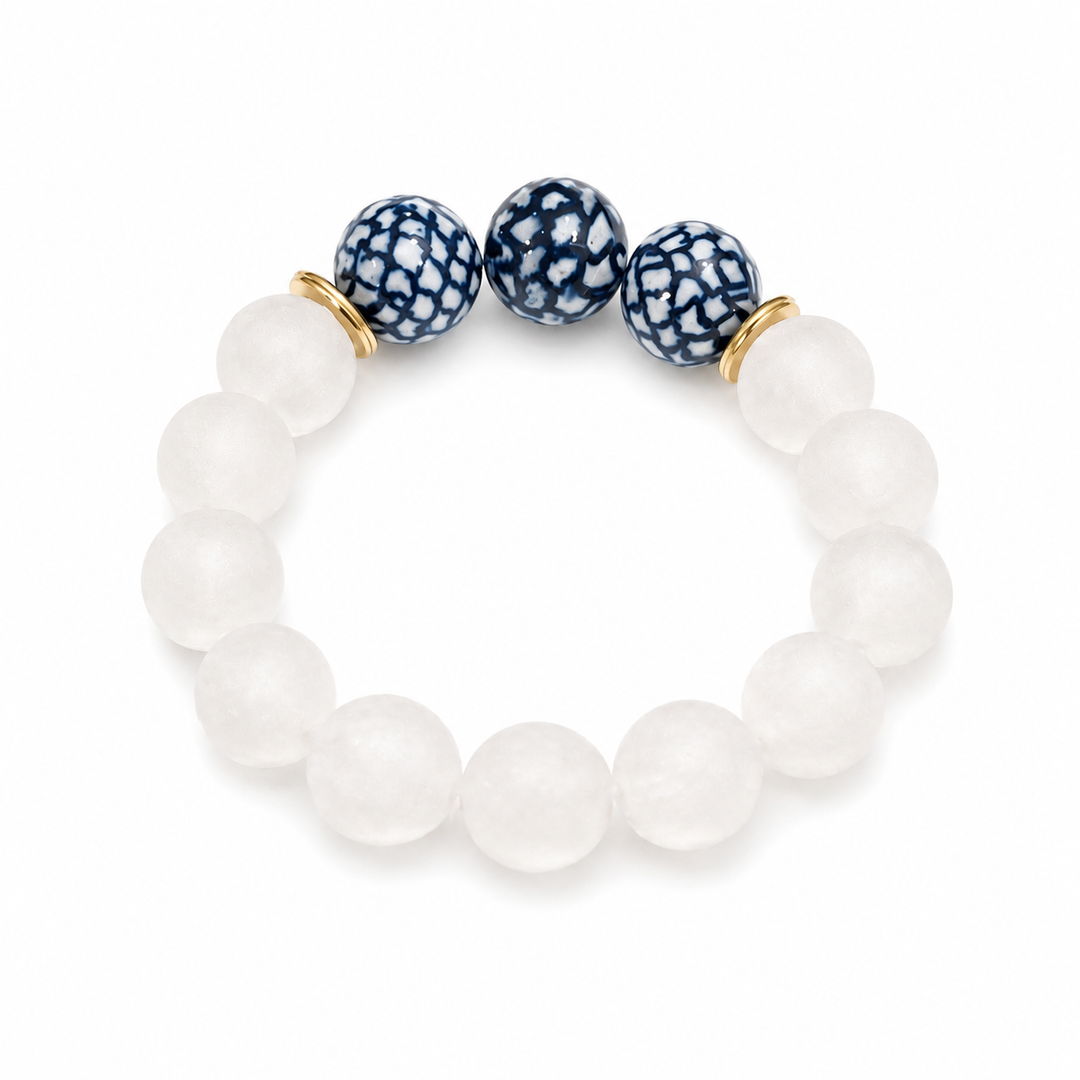 Recycled Glass & Chinoiserie Bead Stretch Bracelet Gold: 7”