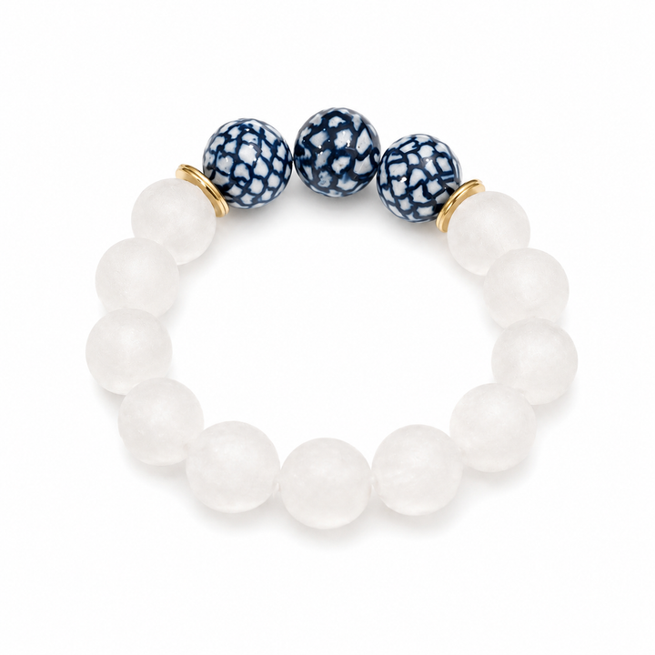Recycled Glass & Chinoiserie Bead Stretch Bracelet Gold: 7”
