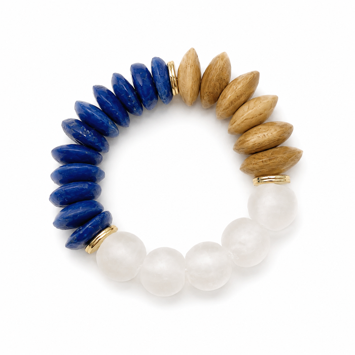 Bone, Blue Ashanti Glass & Recycled Glass Stretch Bracelet: 7”
