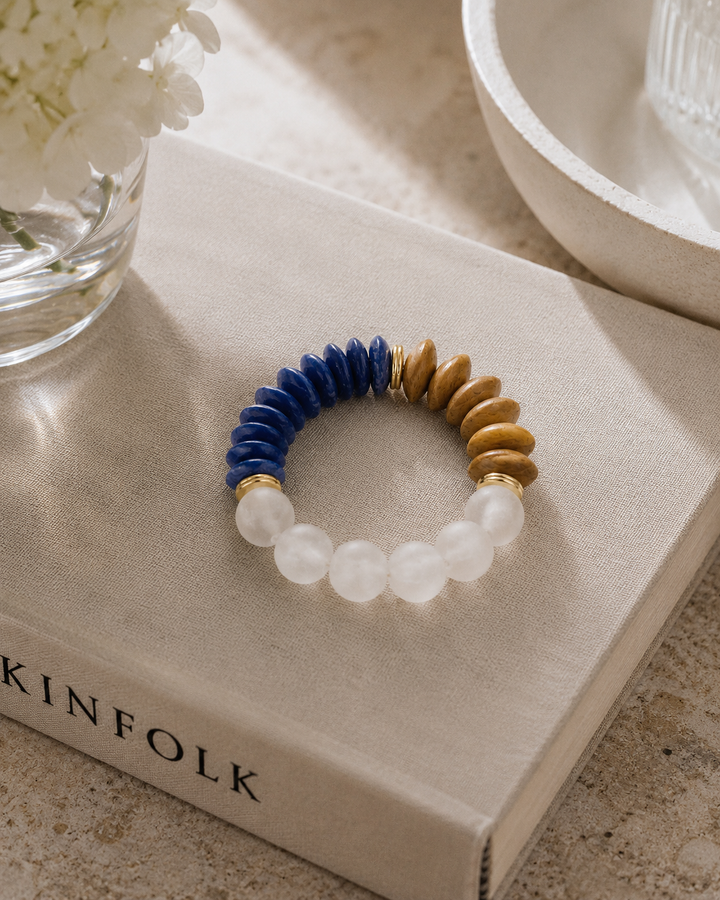 Bone, Blue Ashanti Glass & Recycled Glass Stretch Bracelet: 7”