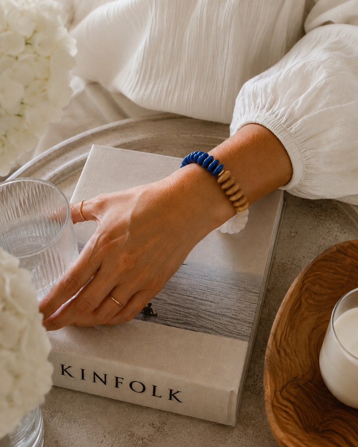 Bone, Blue Ashanti Glass & Recycled Glass Stretch Bracelet: 7”