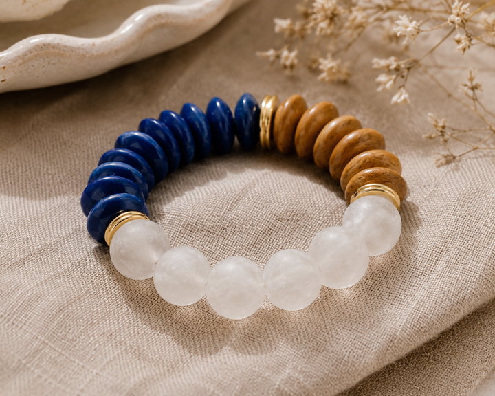 Bone, Blue Ashanti Glass & Recycled Glass Stretch Bracelet: 7”