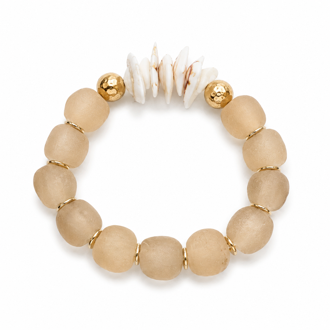 Natural Shell & Recycled Glass Bead Stretch Bracelet-Tan: 7”