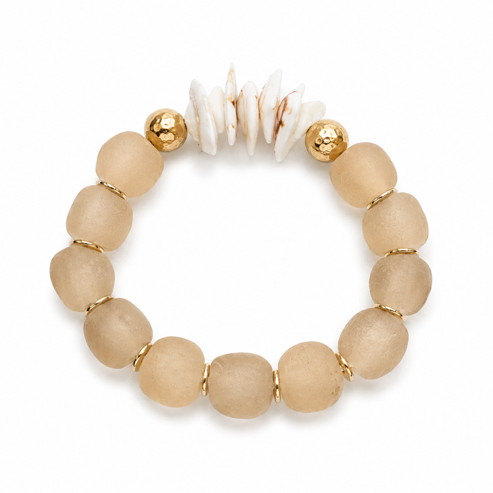 Natural Shell & Recycled Glass Bead Stretch Bracelet-Tan: 7”