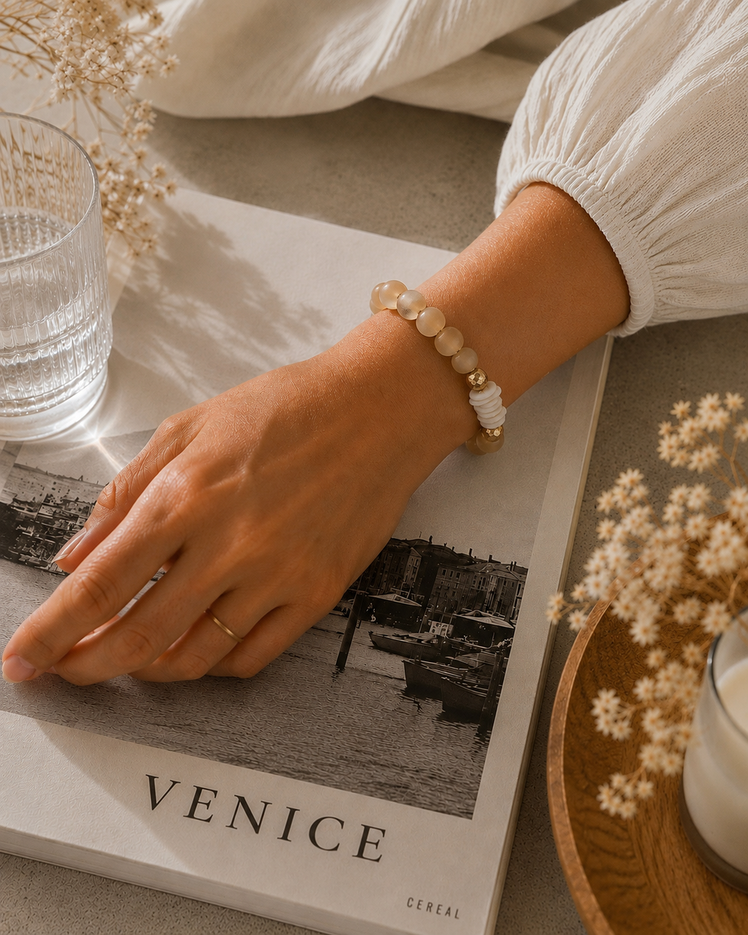 Natural Shell & Recycled Glass Bead Stretch Bracelet-Tan: 7”