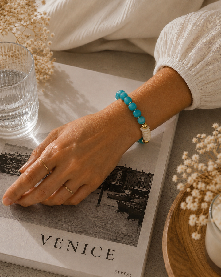 Natural Shell & Recycled Glass Bead Stretch Bracelet-  Blue: 7”