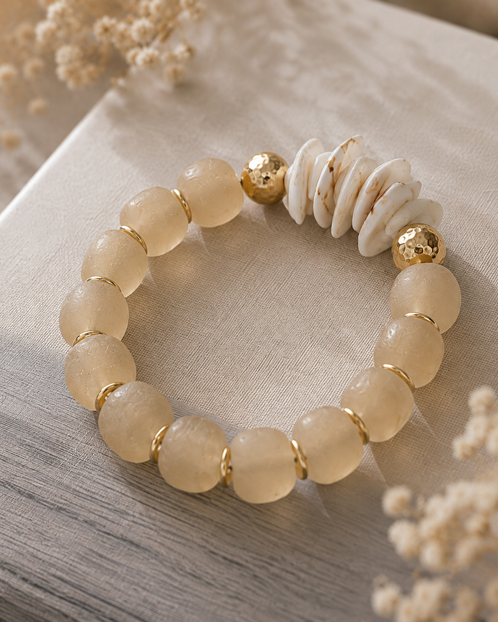 Natural Shell & Recycled Glass Bead Stretch Bracelet-Tan: 7”
