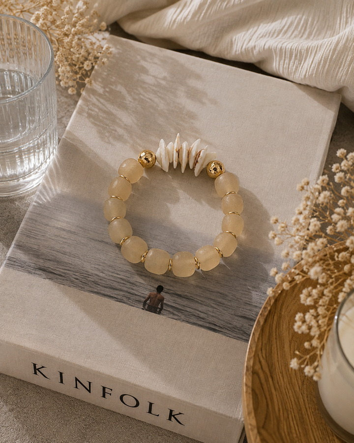 Natural Shell & Recycled Glass Bead Stretch Bracelet-Tan: 7”