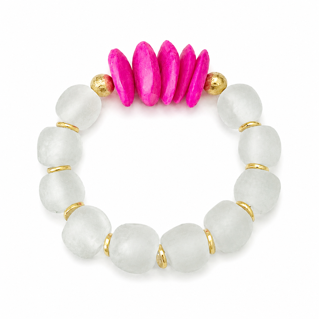 African Bone & Recycled Glass Bead Stretch Bracelet- Pink: 7”