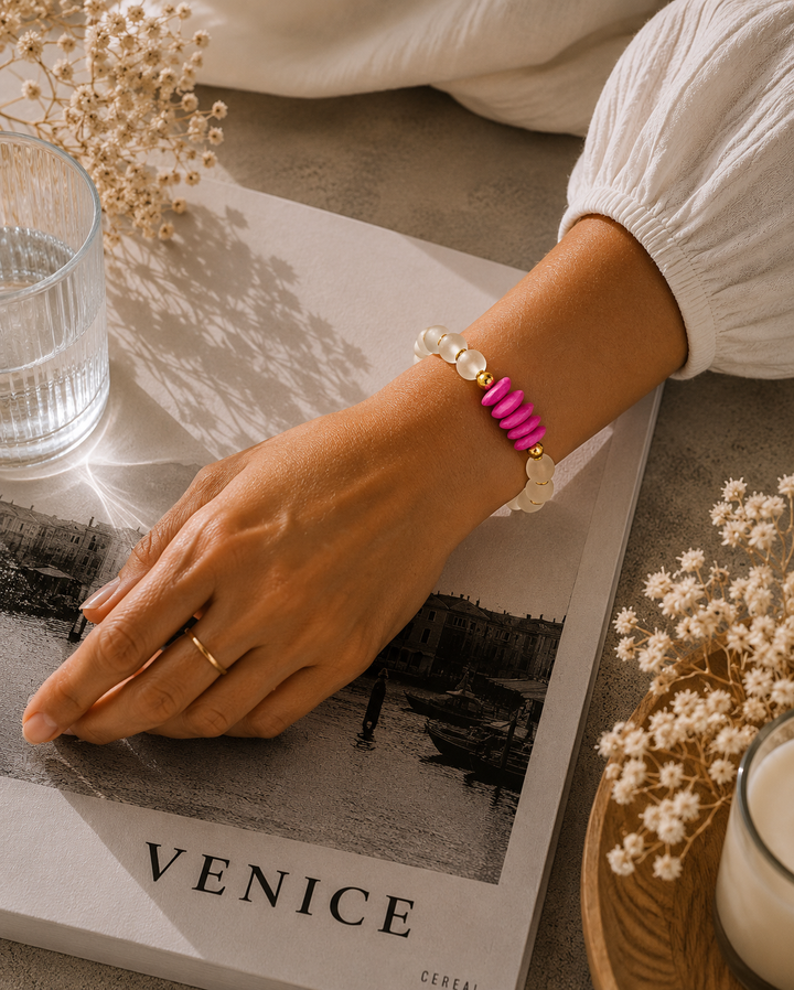 African Bone & Recycled Glass Bead Stretch Bracelet- Pink: 7”