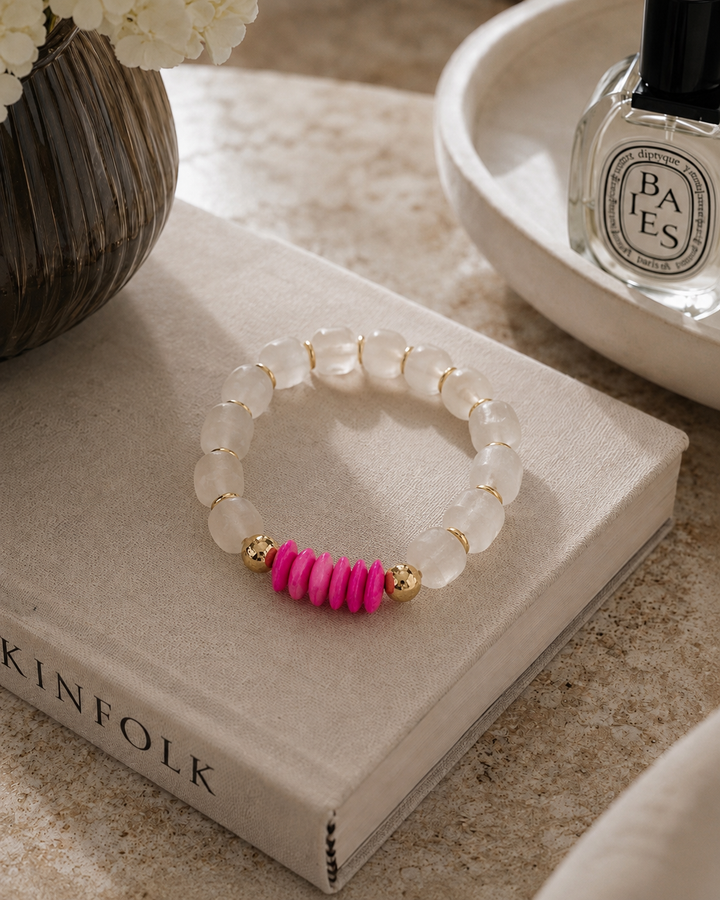 African Bone & Recycled Glass Bead Stretch Bracelet- Pink: 7”