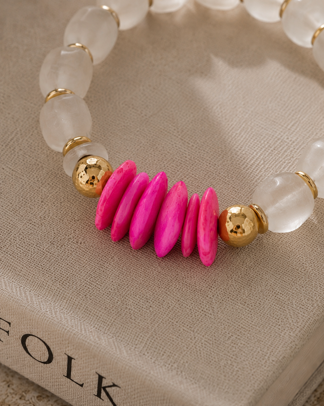 African Bone & Recycled Glass Bead Stretch Bracelet- Pink: 7”