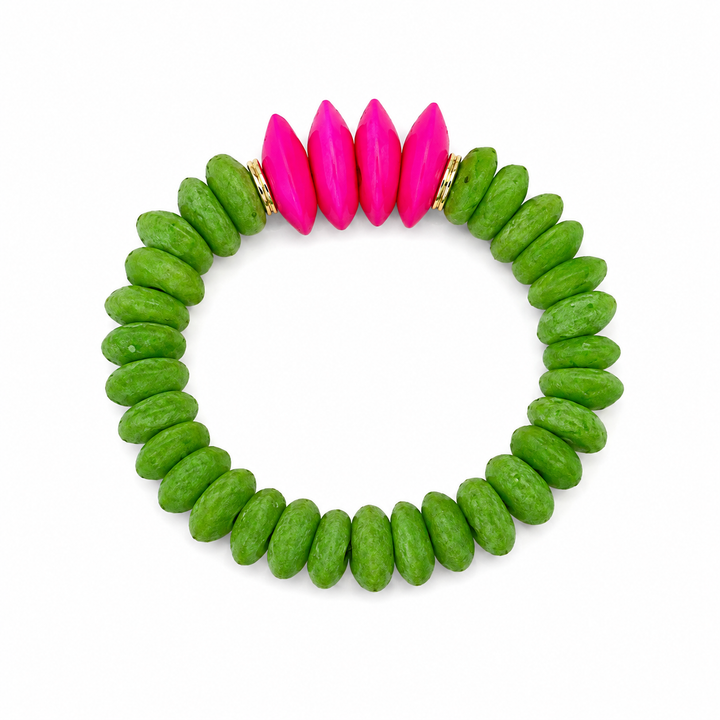 Ashanti & Pink African Bone Bead Stretch Bracelet- Green: 7”