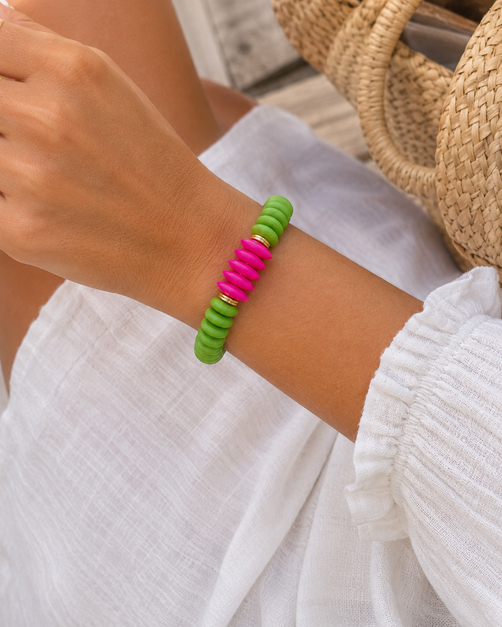 Ashanti & Pink African Bone Bead Stretch Bracelet- Green: 7”