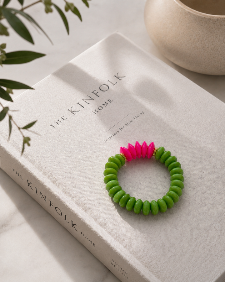Ashanti & Pink African Bone Bead Stretch Bracelet- Green: 7”