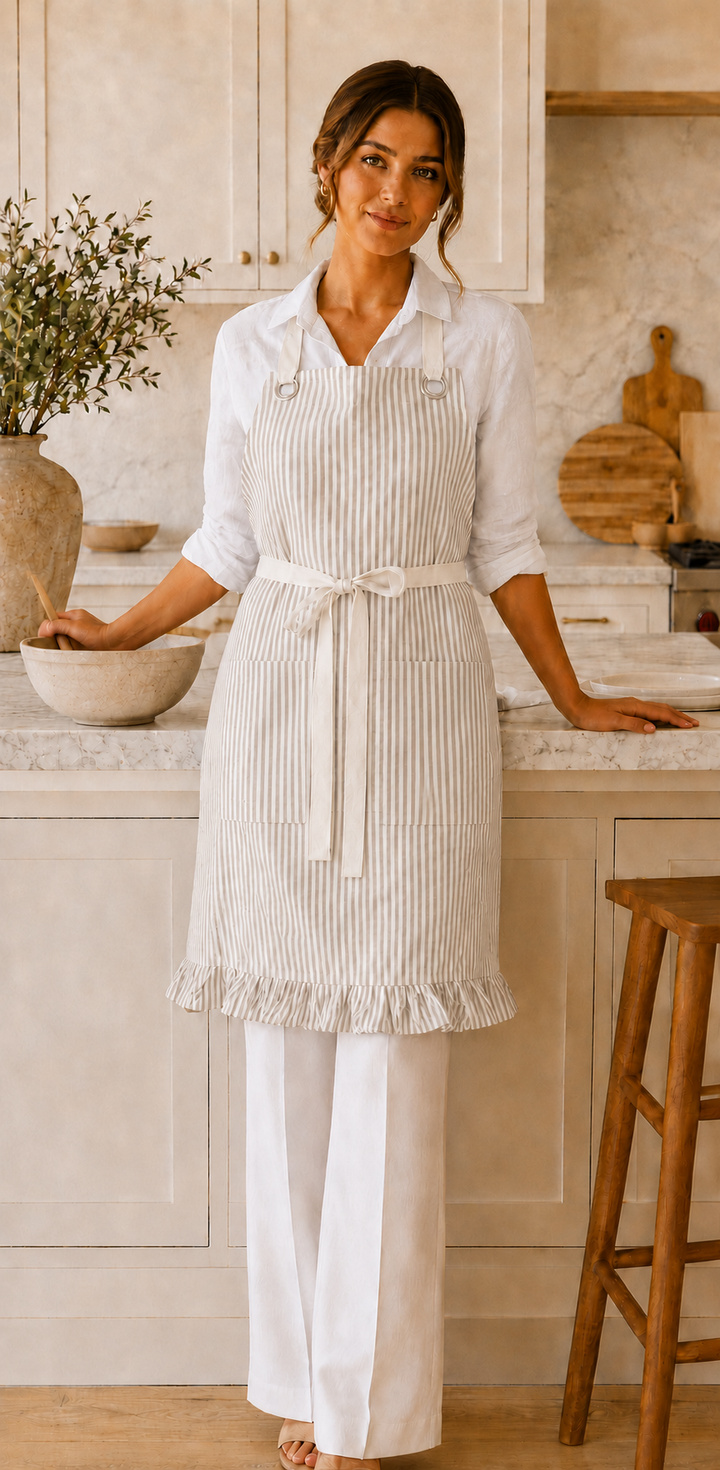 Tan Pinstripe Ruffle Cotton Apron with Pocket