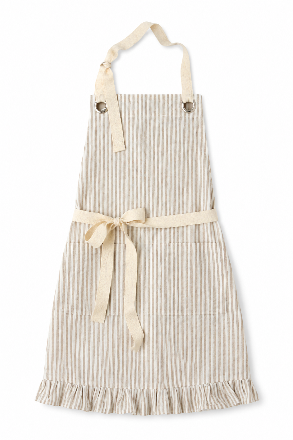 Tan Pinstripe Ruffle Cotton Apron with Pocket