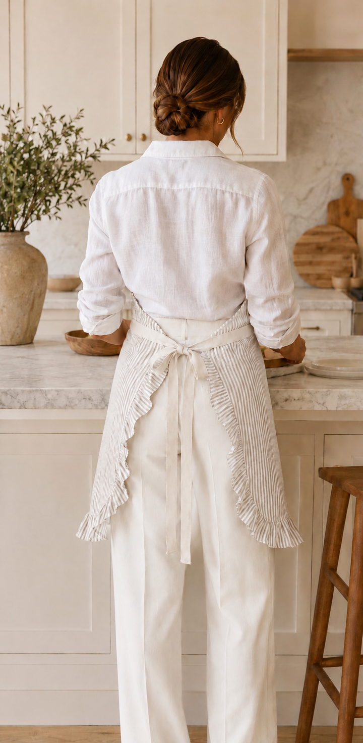 Tan Pinstripe Ruffle Cotton Apron with Pocket