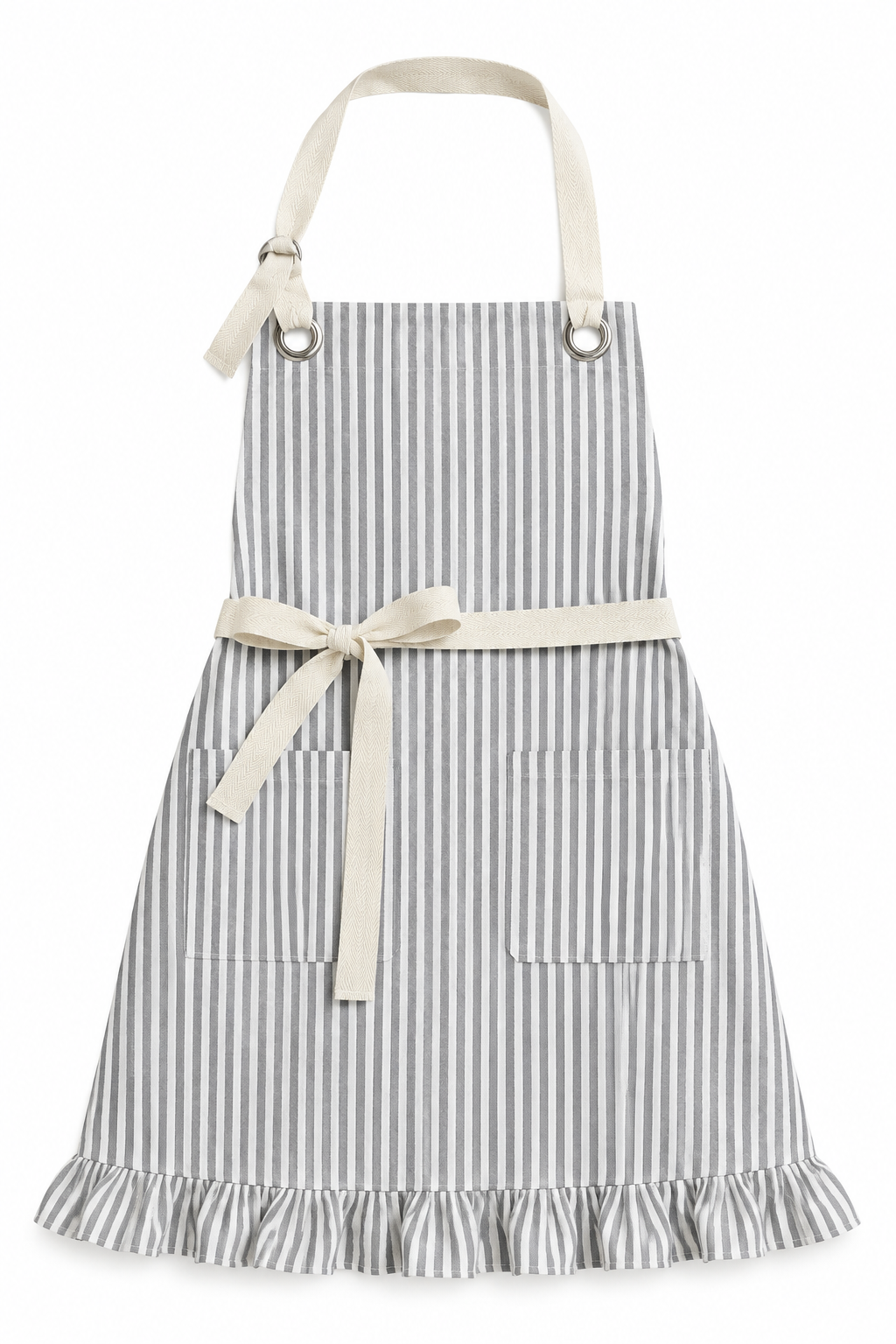 Gray Pinstripe Ruffle Cotton Apron with Pocket