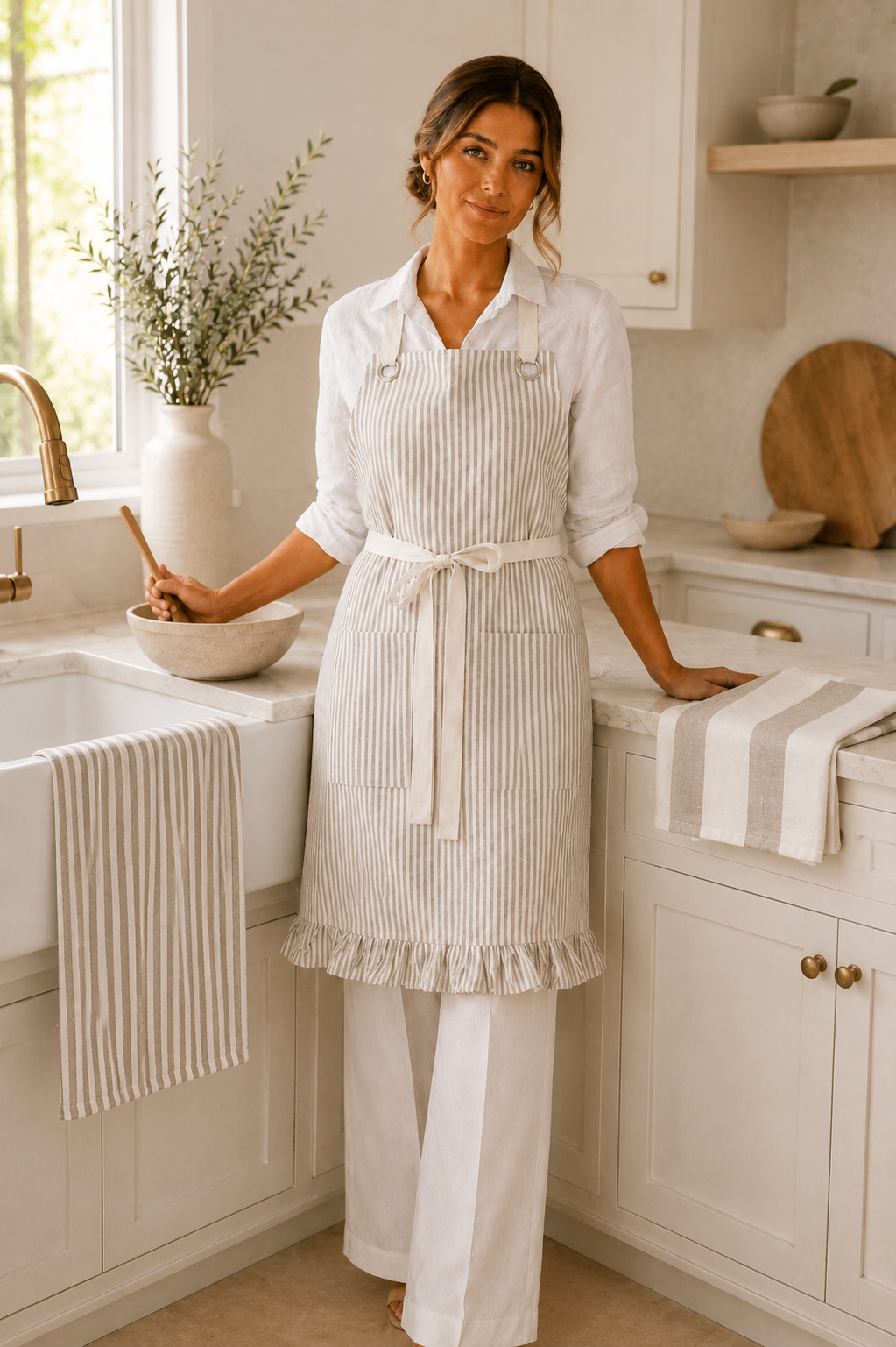 Tan Pinstripe Ruffle Cotton Apron with Pocket