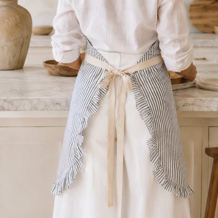 Gray Pinstripe Ruffle Cotton Apron with Pocket