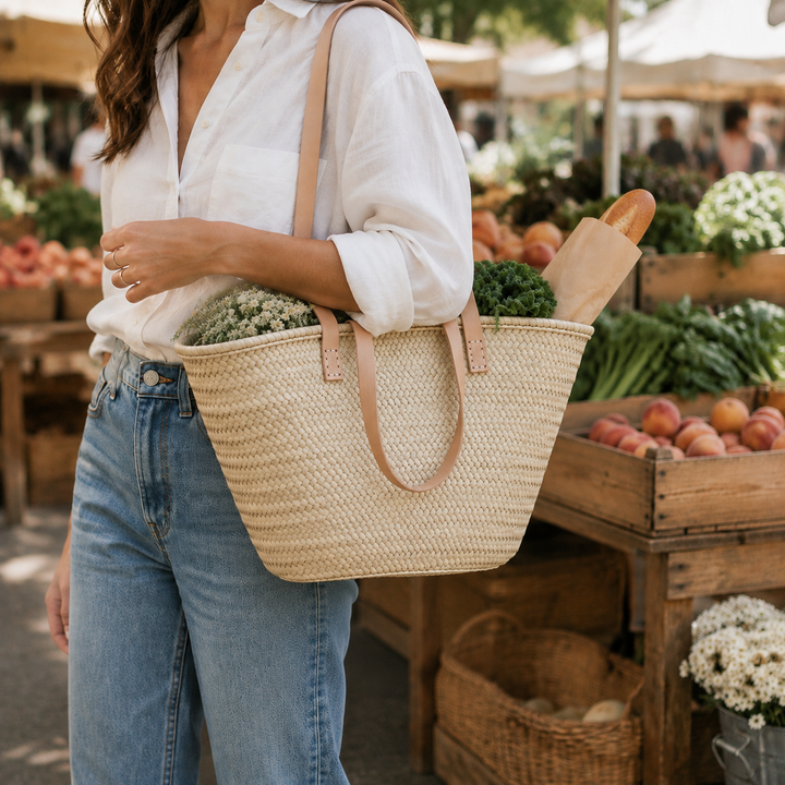 Farmers Market Straw Bag w/ Double Light Natural Leather Handles