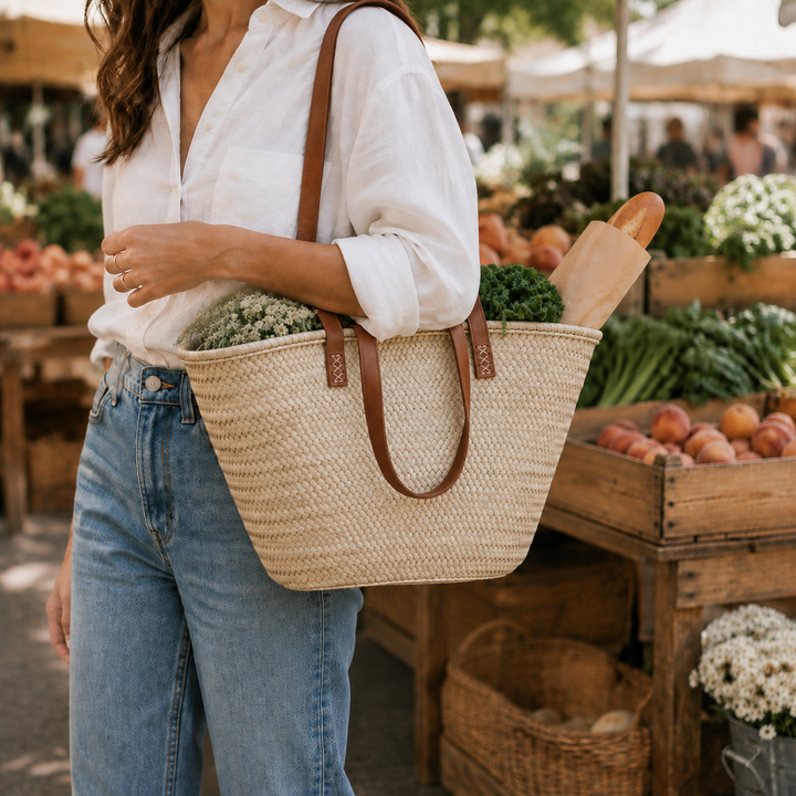 Farmer’s Market Straw Bag w/ Double Dark Brown Leather Handles