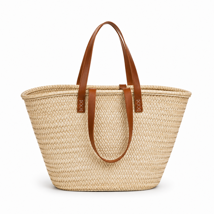 Farmer’s Market Straw Bag w/ Double Dark Brown Leather Handles