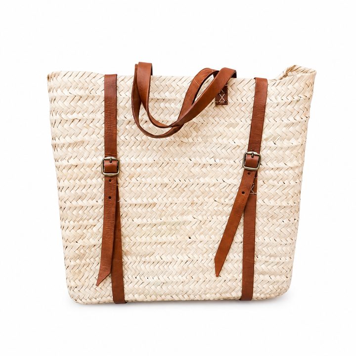 Farmers Market/Beach Straw Backpack with Brown Leather Straps