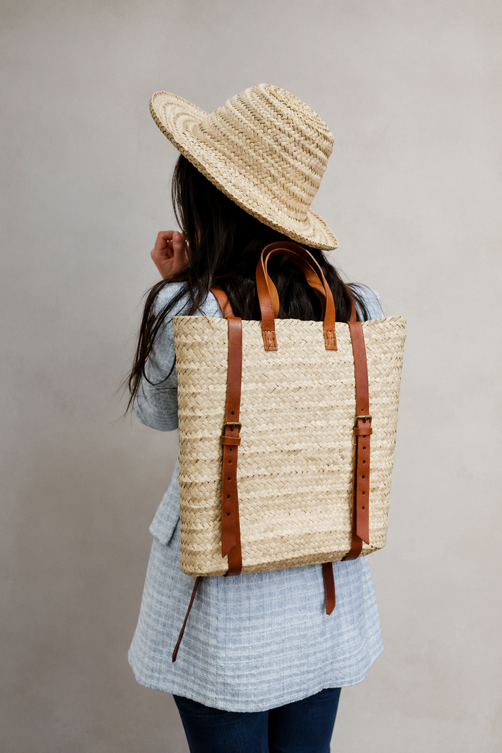 Farmers Market/Beach Straw Backpack with Brown Leather Straps