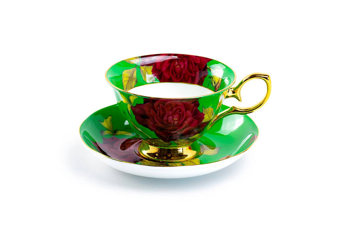 Gold & Green Stem Rose Bone China Tea Cup and Saucer