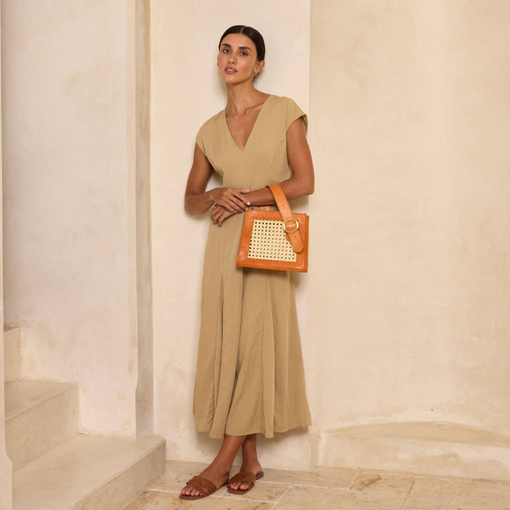 Brown Cane Handbag with Buckle