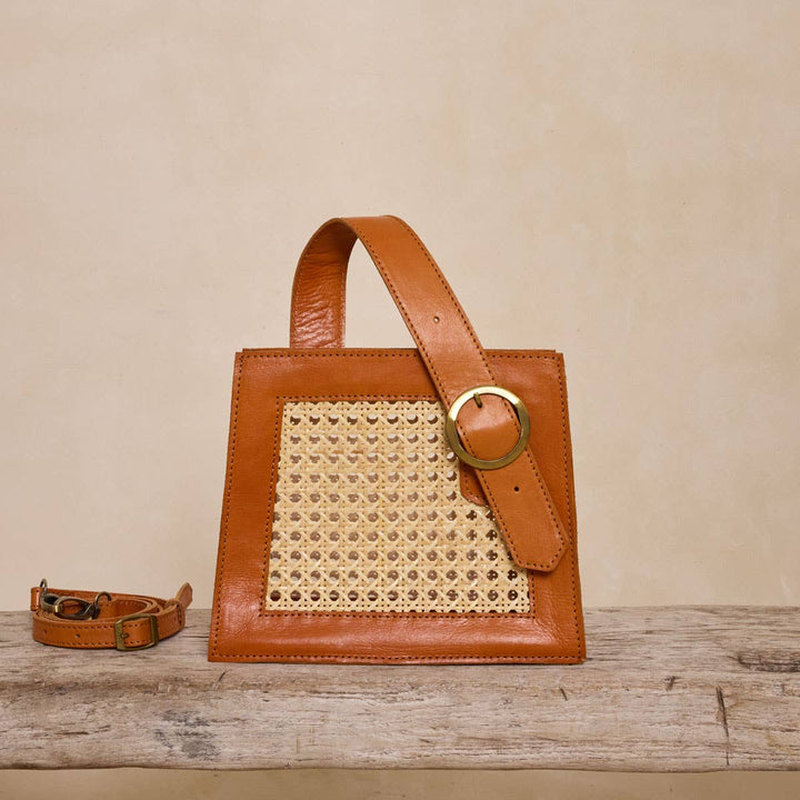 Brown Cane Handbag with Buckle
