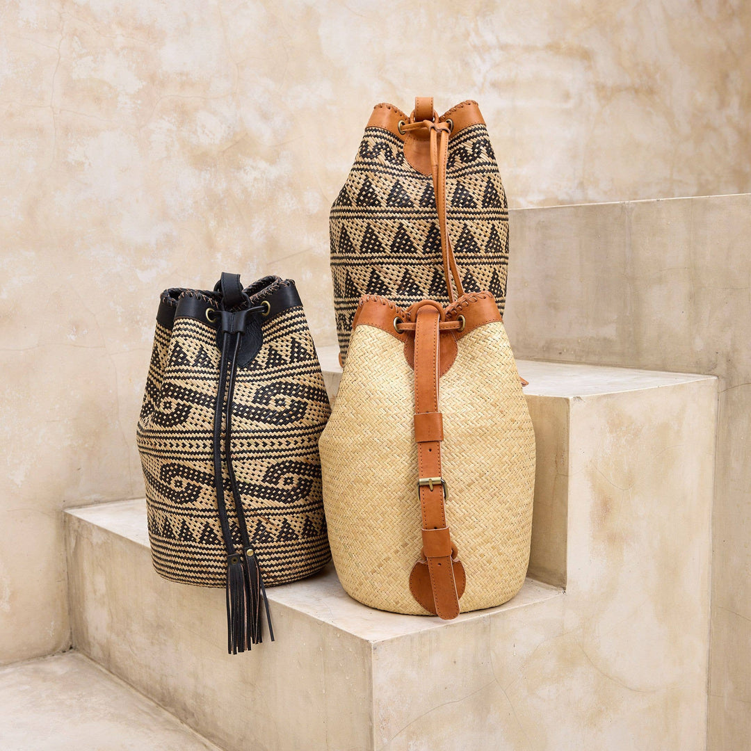 Rattan Sling Bag - Ivory with Light Leather Trim