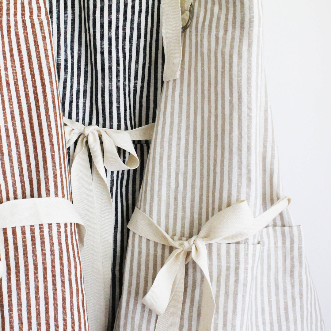 Tan Pinstripe Ruffle Cotton Apron with Pocket