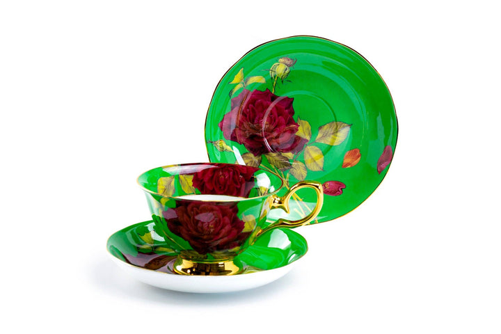 Gold & Green Stem Rose Bone China Tea Cup and Saucer